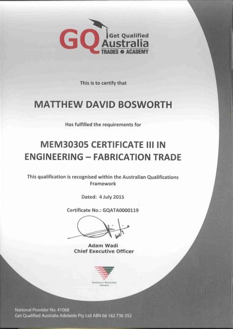 fabrication trade certificate australia